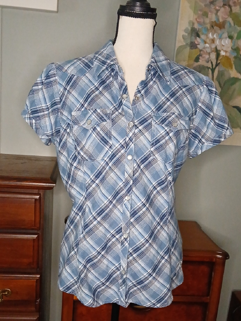 Harley Davidson Blue Plaid Short Sleeve Button up Blouse